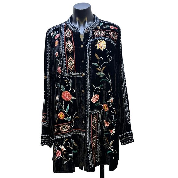 John Mark Black Velvet Embroidered Floral Button-Down Blouse With Patterned Back - Picture 1 of 7